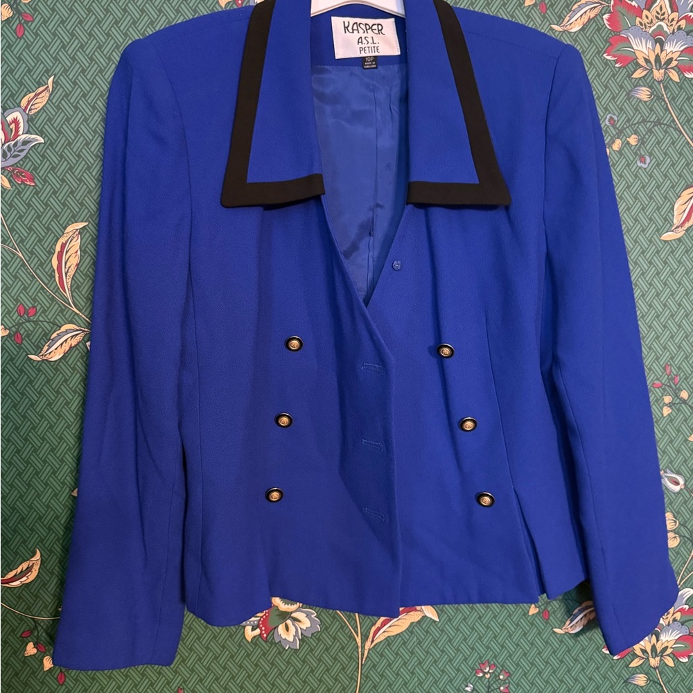 Kasper Petite Cobalt Blue Double-Breasted Blazer with Black Collar